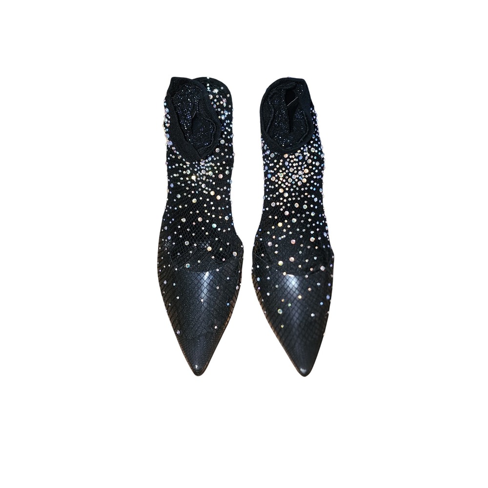 Black Rhinestone Mesh Sock Ankle Boots Pointed Toe Stiletto Heels Glamour